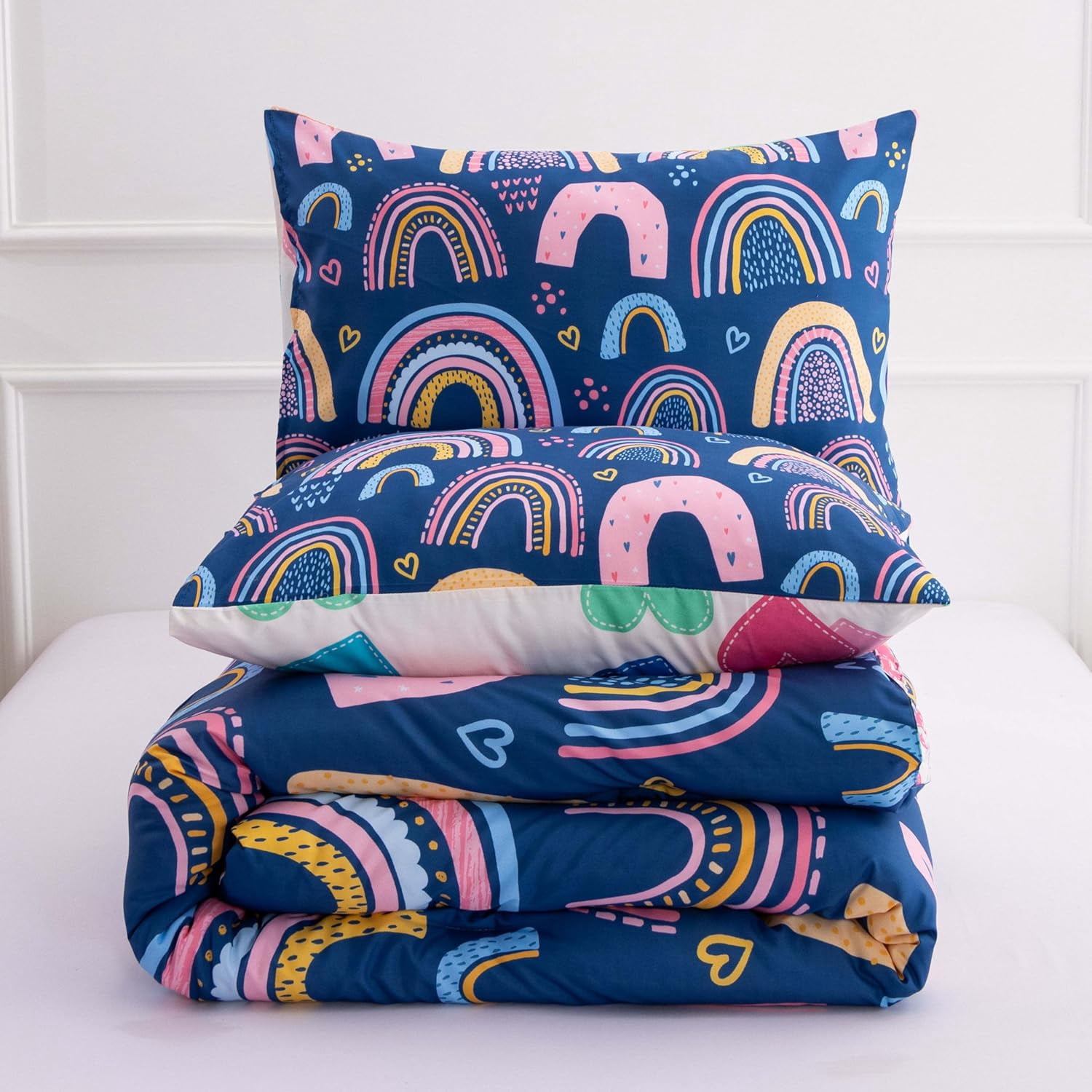 3 Piece Rainbow Comforter Set Cartoon Love Hearts Suns and Stars Bedding Set for Girls Boys Kids, Queen Dark Blue