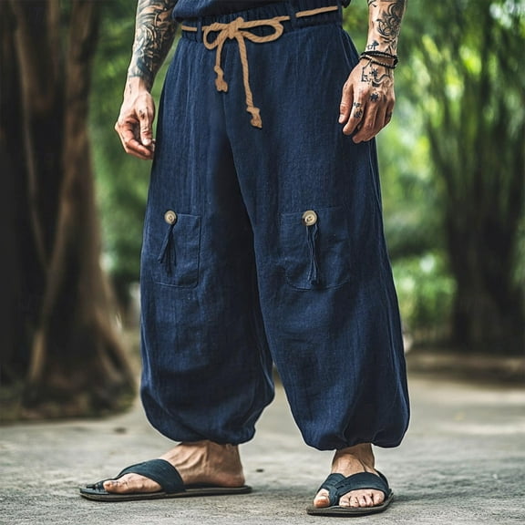 Awdenio Mens Linen Pants Wide Leg Long Palazzo Pants High Waist Loose Fit Casual Flowy Pants Trousers with Pockets