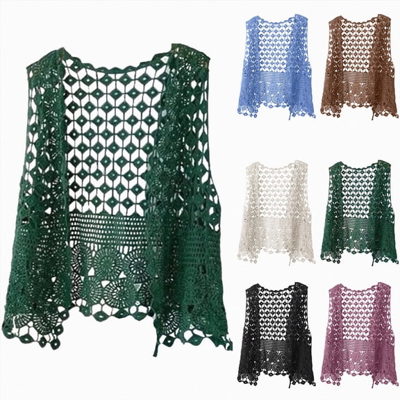 COMVALUE Women Open Stitch Cardigan Boho Sleeveless Hippie Summer Hollow Out Solid Crochet Vest (Purple, One Size)