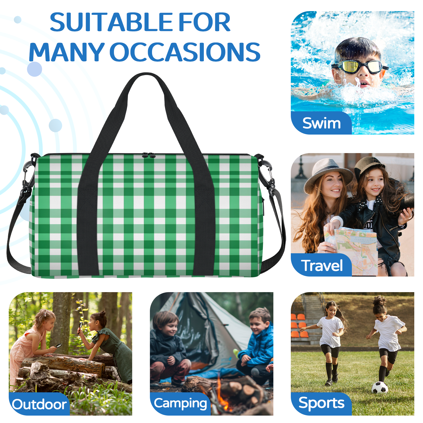 Herdesigns Green and White Checkered Gym Bag for Women, Duffle Bag for Travel Sport, Plaid Design Lightweight Waterproof Carry on Weekender Dance Yoga Workout Bags