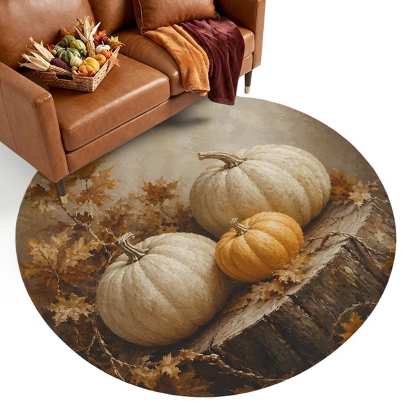Thanksgiving Pumpkin Washable Round Area Rug 3 ft, Fall Country Farmhouse Vintage Maple Leaf Soft Non‑Slip Rugs Stain Repellent Indoor Mats for Entryway, Bathroom, Bedside, Hallway Nook