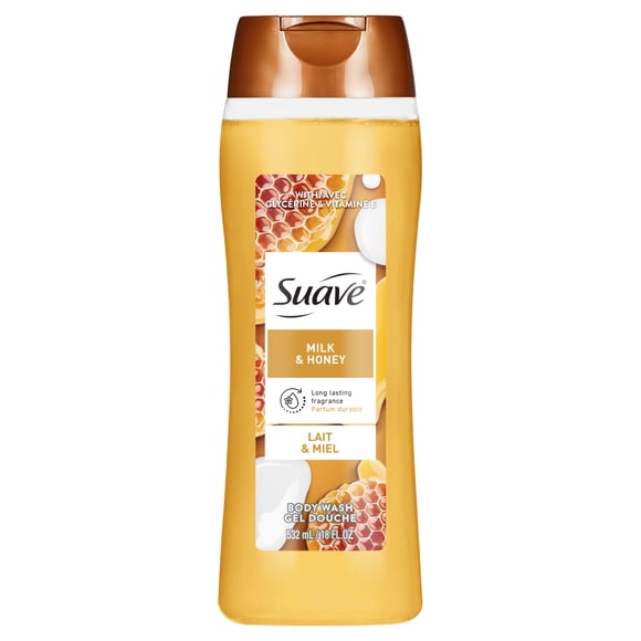 Nettoyant pour le corps doux Suave Essentials, lait et miel avec essence de mélange d’huiles doux, infusé de vitamine E et d’extrait de miel, 532ml