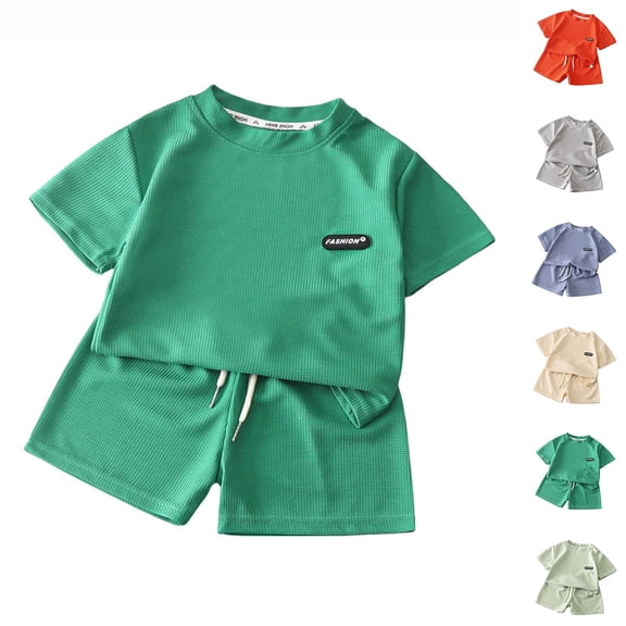 Hrsba Toddler Boy Outfits Summer Solid Color Red Crew Neck Short Sleeve Top Elastic Waist Shorts Casual 2 Piece Outfit for Kids