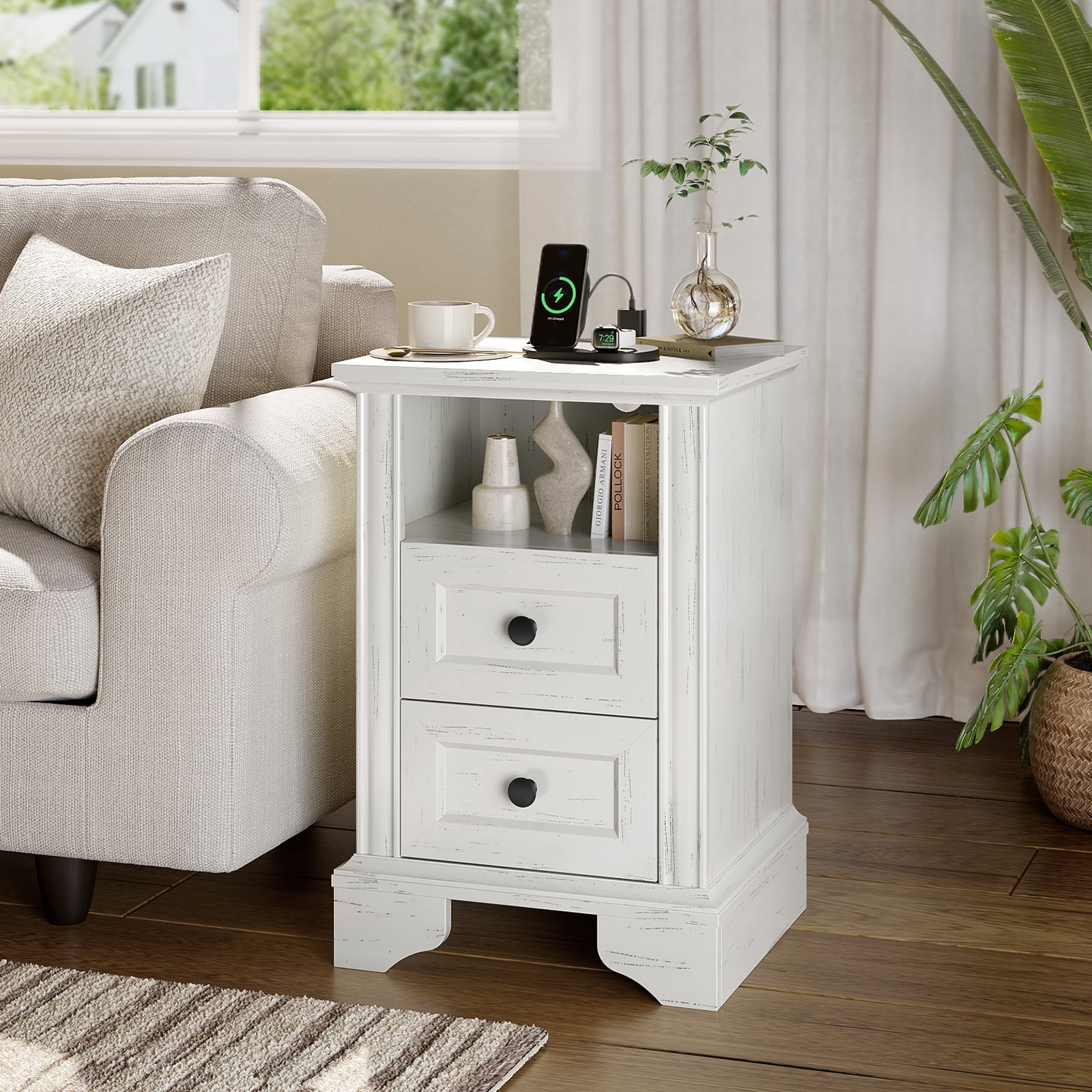 Zimtown 2-Drawer Nightstand, Side Table End Table with Charing Station, White