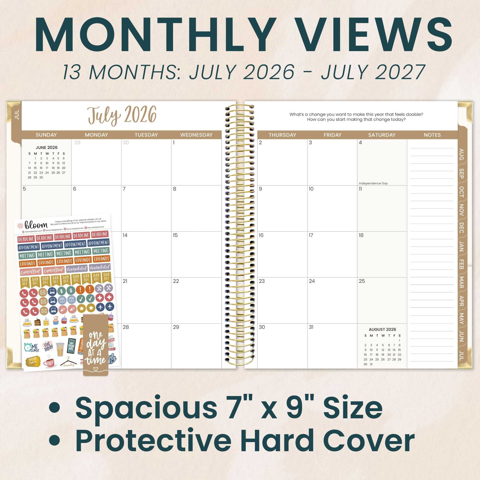 bloom daily planners 2026-2027 Academic Goal & Vision Planner, 13-Month Monthly & Weekly Hard Cover, 7.5" x 9", Coastal Calm