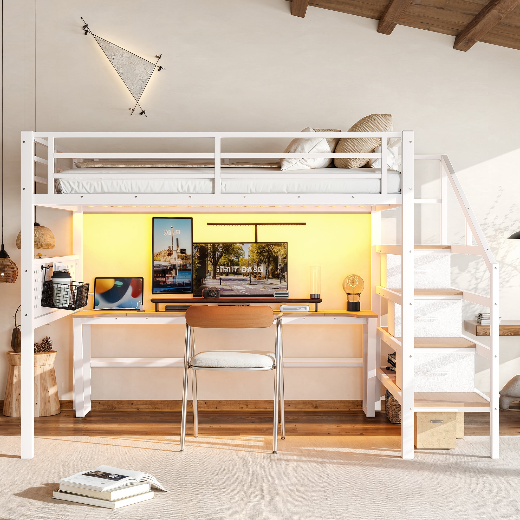 Leumius Queen Size Loft Bed with Storage Stairs and Movable Desk with USB,Metal Loft Bed Frame with 3 Fabric Drawers and LED, Full-Length Guardrail and Pegboard,Antique White