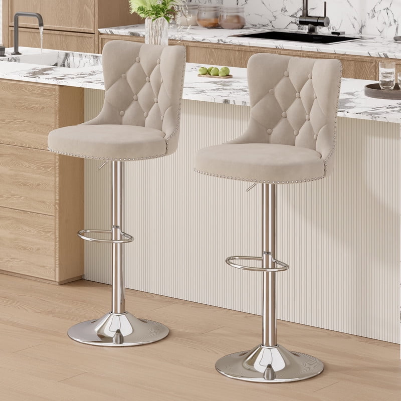 Hawsaiy Swivel Bar Stools Set of 2, Adjustable Velvet Tufted Counter Height Chairs with Nailhead Trim, Upholstered Barstools for Kitchen Island, Khaki