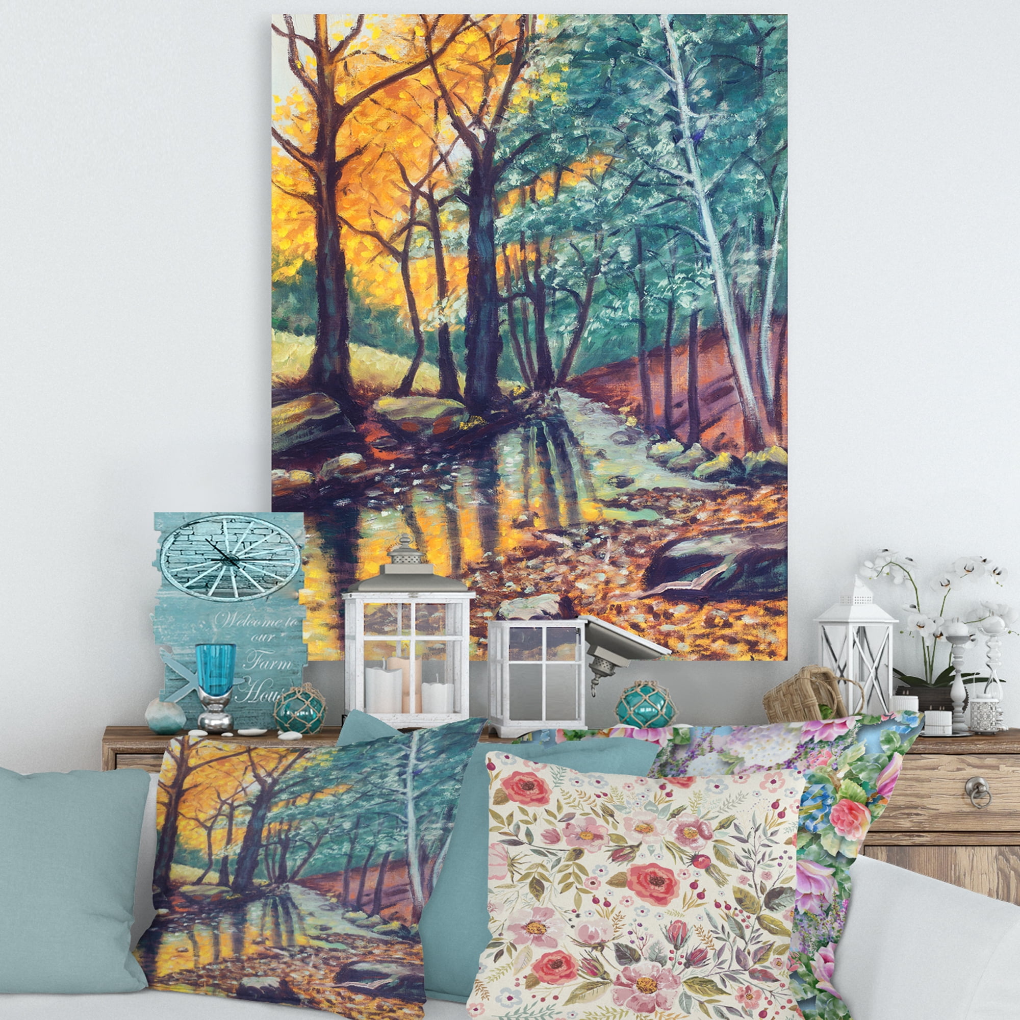 Designart ' Landscape With Autumn Forest Sunset River ' Traditional Canvas Wall Art Print