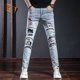thumbnail image 4 of Pantalones vaqueros ajustados rasgados para hombre, rotos, con estampado, estilo vaquero, estilo retro, coreano, con agujeros, novedad, tallas S, 4 of 5