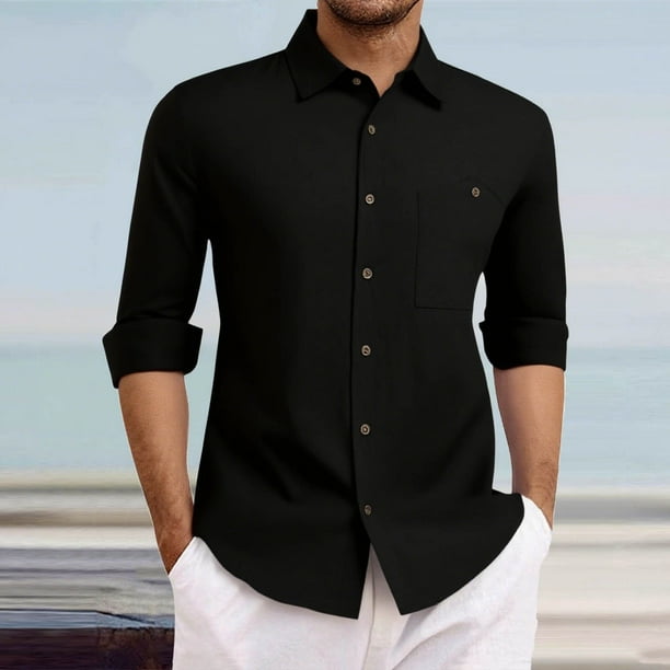 pstuiky camisetas de manga larga para hombre, Camisa tipo cárdigan de manga larga con botones y bolsillos informales de color liso para hombre Tops casuales para hombres m
