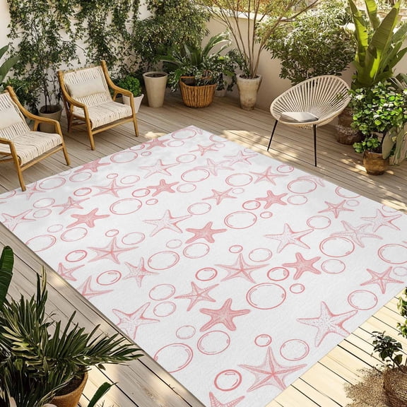 Pink Coastal Outdoor Rug for Patio/Deck/Porch, Non-Slip Large Area Rug 5 x 8 Ft, Starfish Nautical Ocean Sea Wooden Indoor Outdoor Rugs Washable Area Rugs, Reversible Camping Rug Carpet Runner