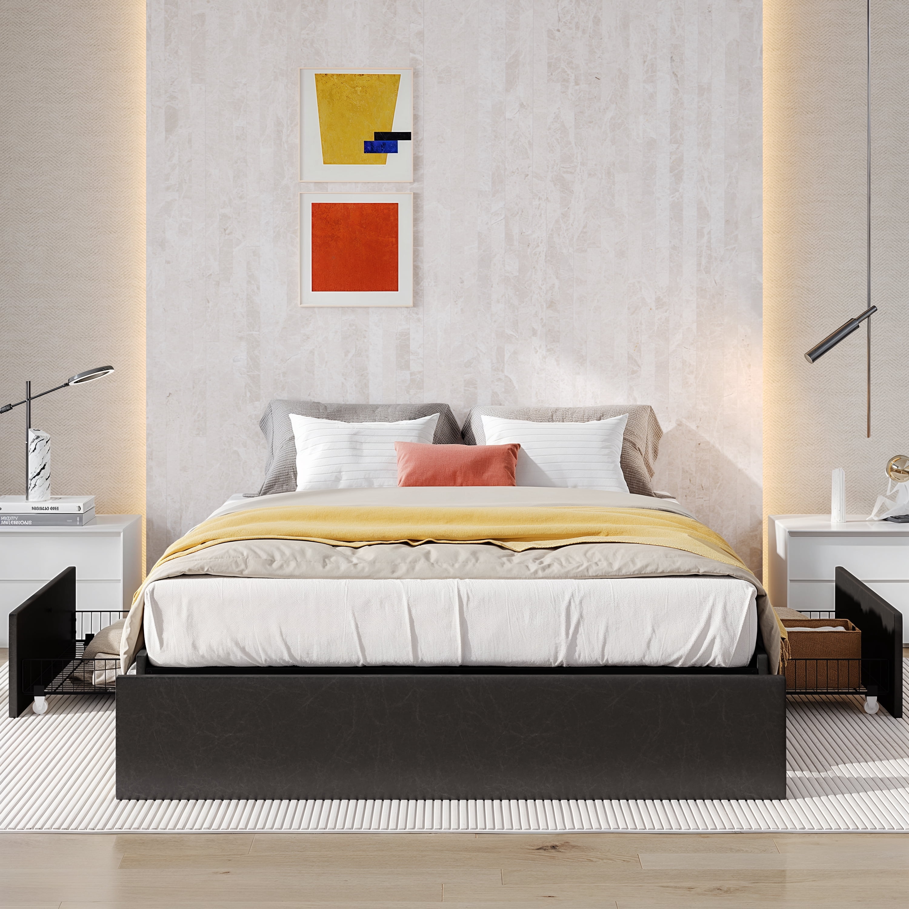 SHA CERLIN Black Queen Size Platform Faux Leather Bed Frame with 3 Storage Drawers,Adult