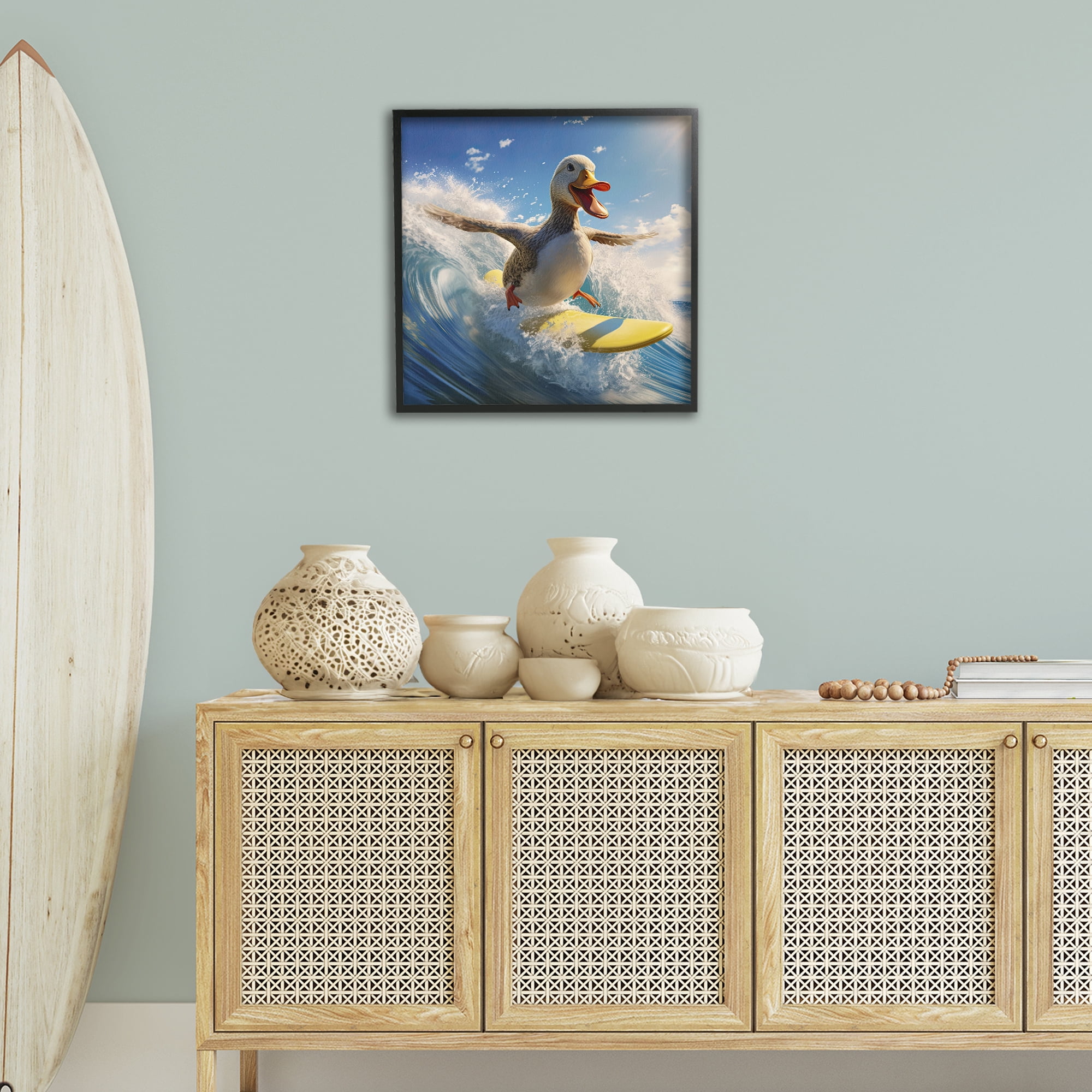 Stupell Industries Happy Surfing Duck Coastal Painting Black Framed Art Print Wall Art, 24 x 24