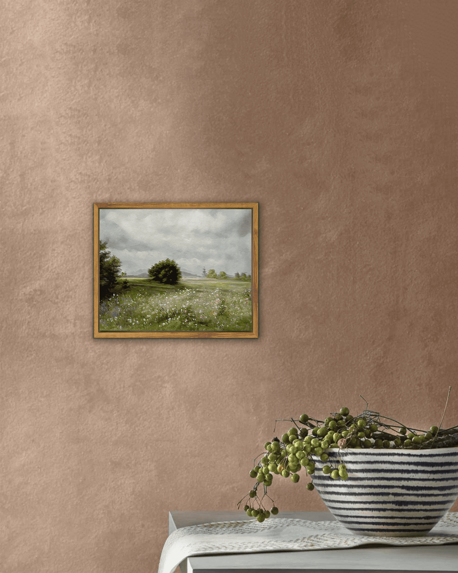 Drsoum Framed Canvas Wall Art Vintage Classical Oil Painting Grassland Room Decor for Bathroom Bedroom Living Room - 8x10in Natural Framed