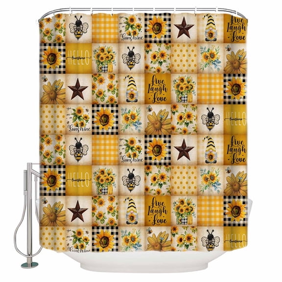 Farmhouse Shower Curtain, 66" x 72", Sunflower Gnome Bee Star Yellow Buffalo Plaid Patchwork Waterproof Bathroom Curtain Washable Shower Curtain Set with 12 Hooks