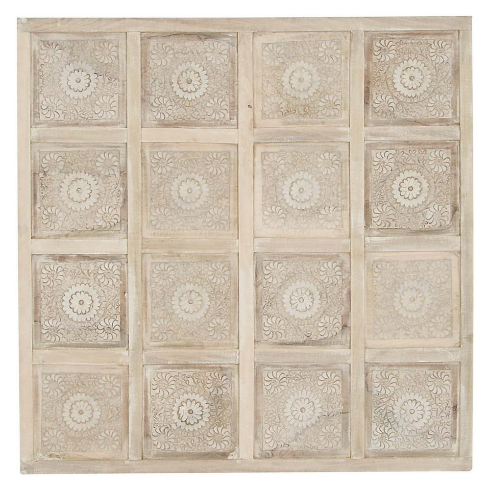 DecMode Floral Carved Whitewash Mango Wood Wall Decor