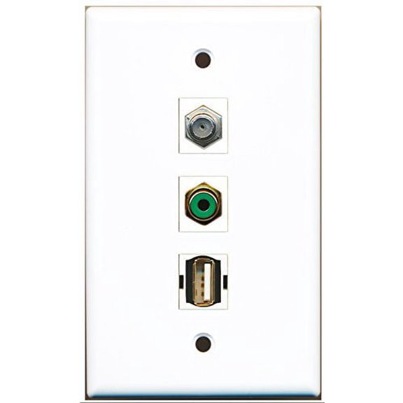 RiteAV - 1 Port RCA Green and 1 Port Coax Cable TV- F-Type and 1 Port USB A-A Wall Plate
