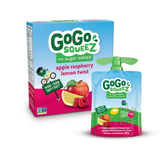 Compote de fruits GoGo squeeZ, pomme framboise avec du citron, sans sucre ajouté. 90 g par gourde, emballage de 4 4 gourdes x 90 g (360 g)