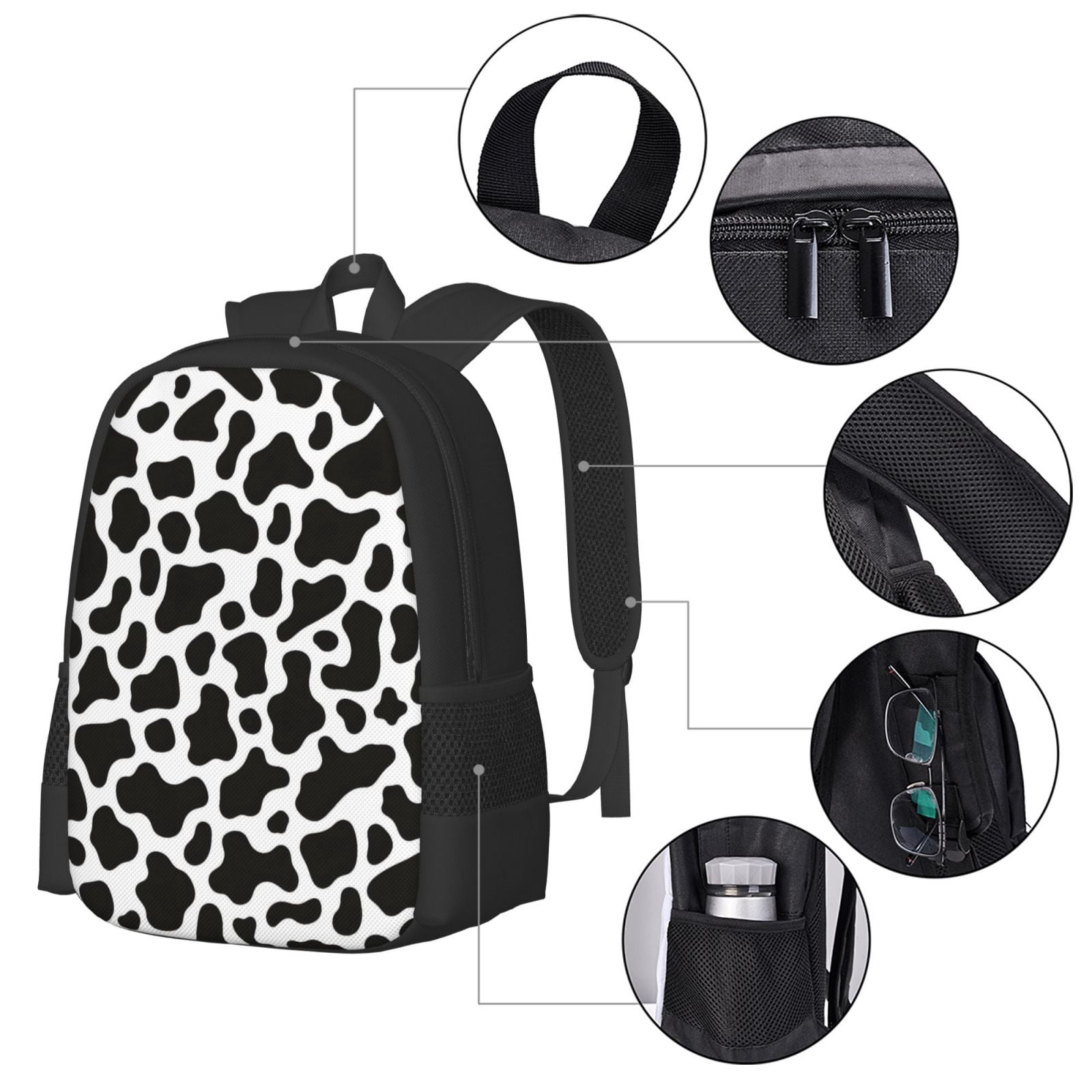 Large Capacity Backpack 16.5×12.5×5.5in Widened Shoulder Strap Design Main Bag Large Top Handle Belt Adjustable Shoulder Strap Black White Cow Print