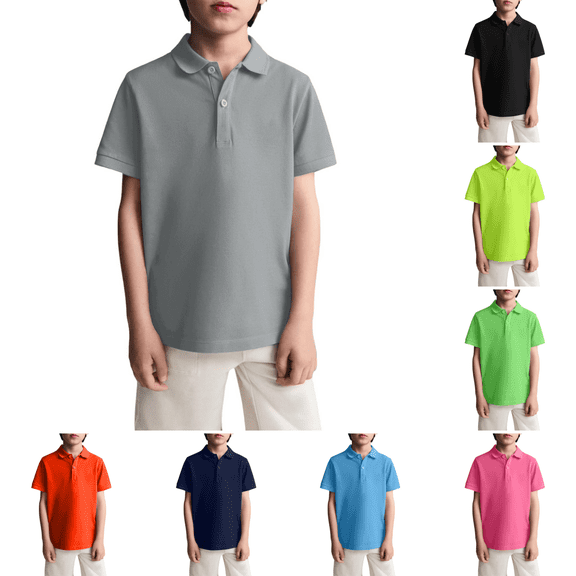Domuza Children's Back to School Polo Shirt, Durable Pique Knit Short Sleeve Top for Uniforms and Daily Activities Gray 8-9 Years