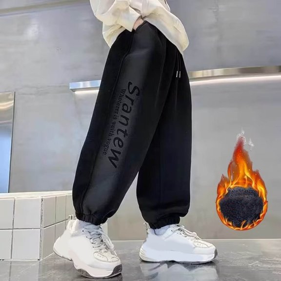Boys' Pants Thickened -Lined Cozy Solid Print Drawstring Pocketed Elastic Waist Sweatpants for Outdoor Wear Black 3 Years-4 Years