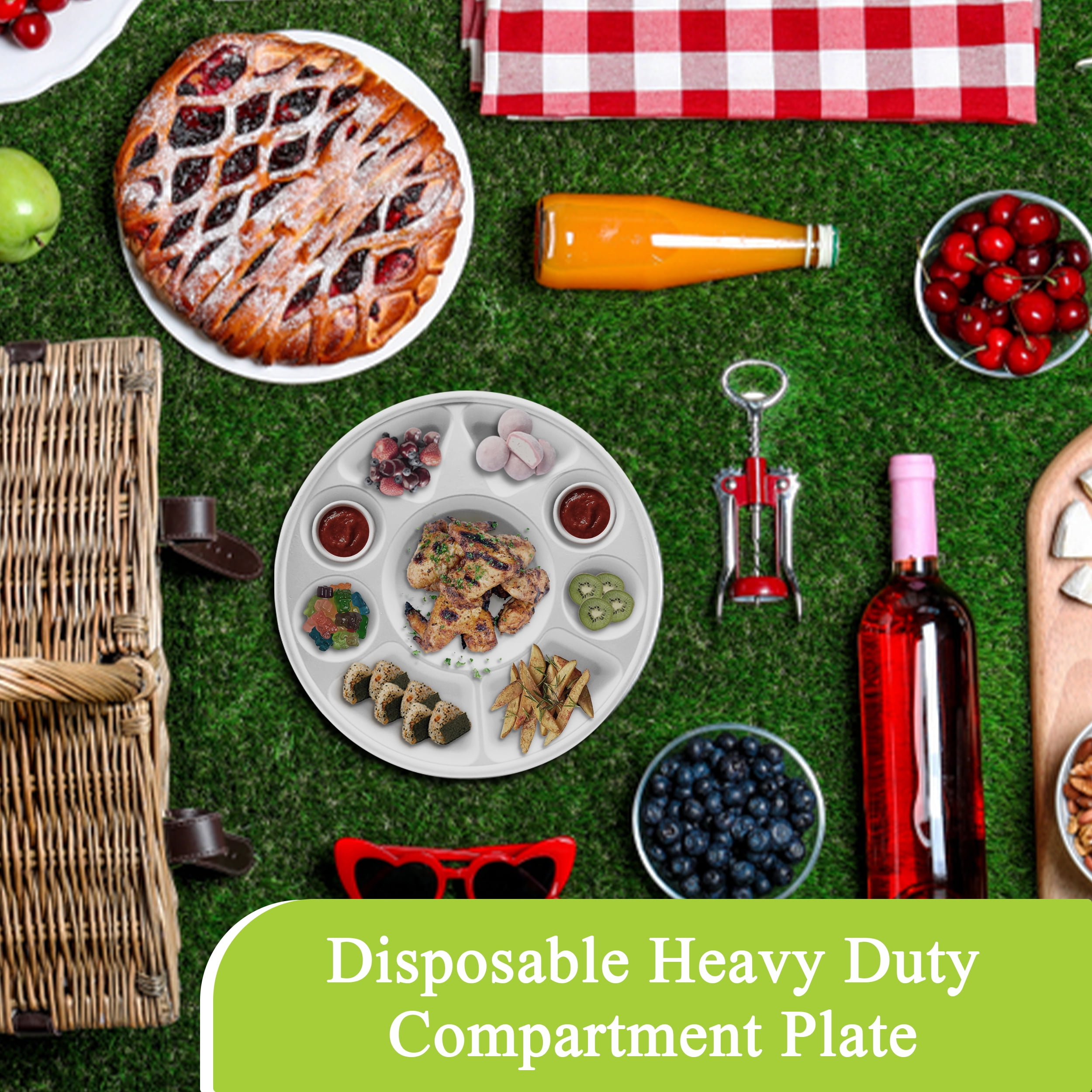 Three Leaf 9 Compartment Bagasse Round Plate, 200 Ct, Biodegradable Disposable Dinner Plates with Sections