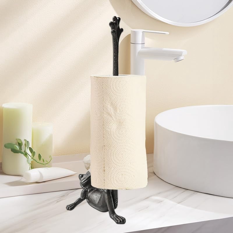 Frog Design Paper Towel Holder Floor Stand, 16.5 Inch Heavy Duty Cast Iron Construction, Vintage Bronze Kitchen Bathroom Decor