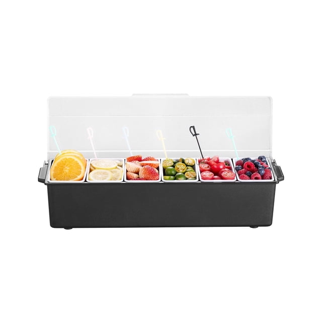 Servidor de condimentos refrigerado VEVOR de 6 compartimentos enfriado con hielo y tapa