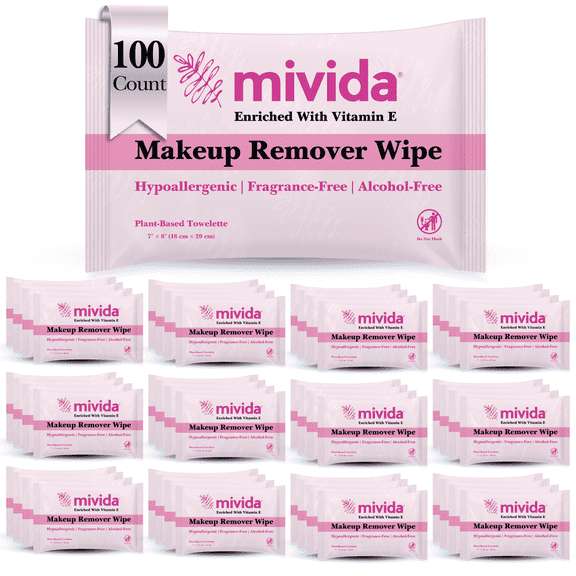 mivida Hypoallergenic Individually Wrapped Makeup Remover Wipes with Vitamin E, Fragrance-Free, 100 Count
