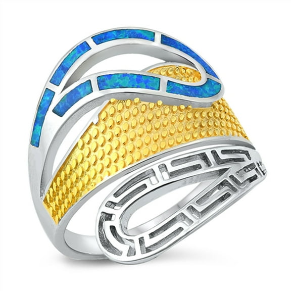 Blue Simulated Opal Statement Ring .925 Sterling Silver Band Cubic Zirconia Jewelry Female Size 10