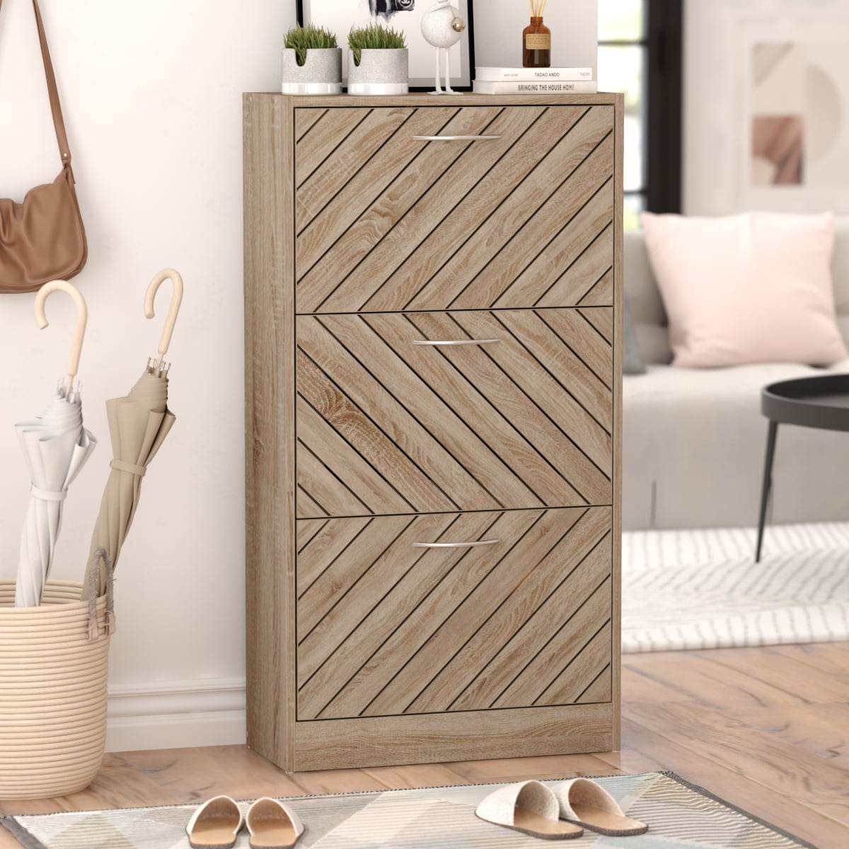 42.3" H Shoe Cabinet, Wood Shoe Rack Storage Cupboard with 3 Tilt-out ...