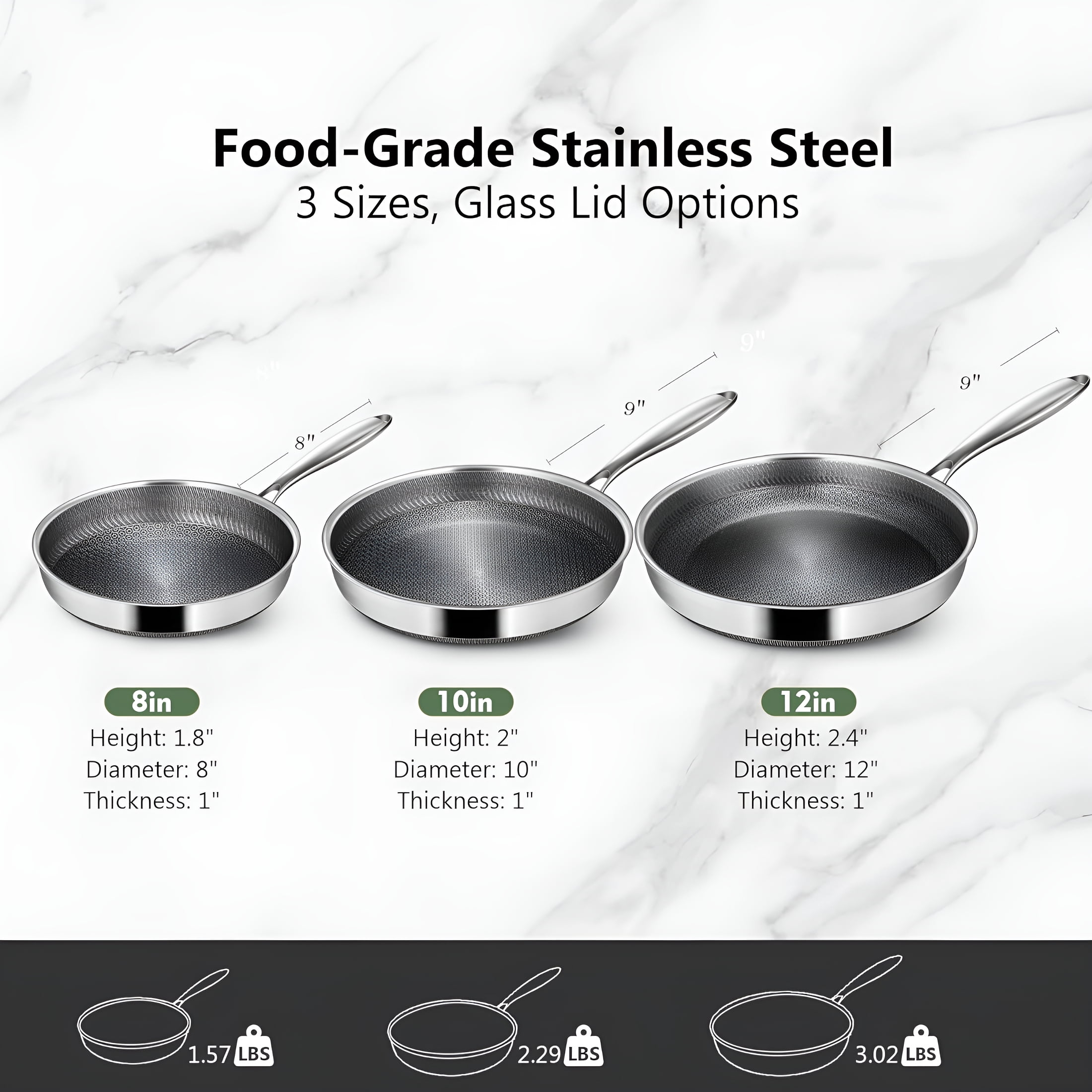 ACDANC Non Stick Frying Pans,12 Inch with Lid,Hybrid Frying Pans Nonstick Stainless Steel Skillets,Dishwasher & Oven Safe,Stay Cool Handle,Compatible with All Cooktops