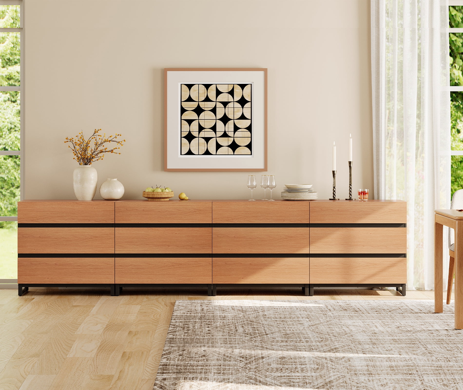 4 In 1 Multifunctional Sideboard Buffet Cabinets, Modern Sideboard With Adjustable Shelf And 12 Drawers, Coffee Bar Cabinet Storage Cabinet For Living Room, Kitchen,Mocha