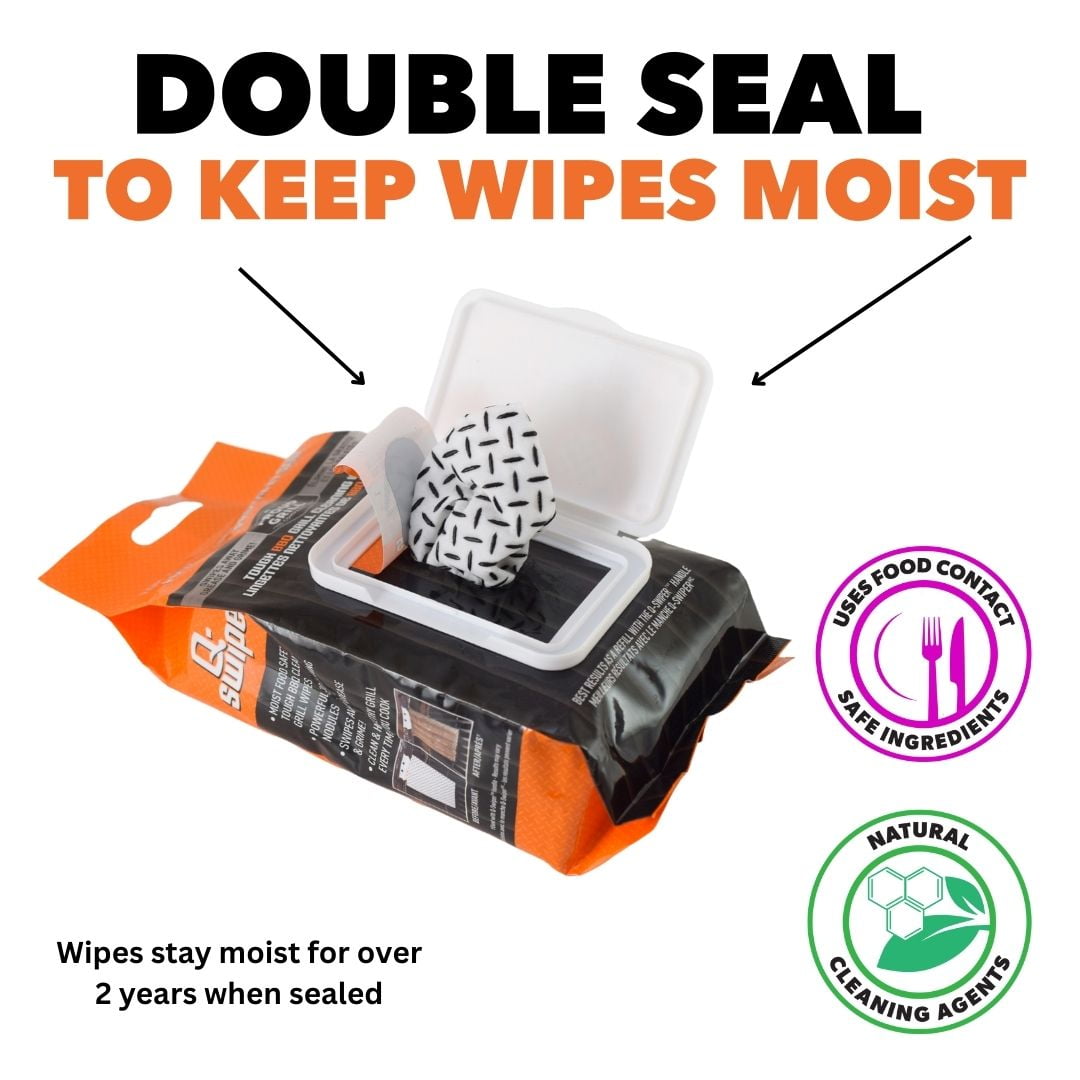 Q-Swiper XL Easy-Clean BBQ Grill Cleaner Set - 1 Long Grill Brush with Scraper and 40 BBQ Grill Cleaning Wipes | Bristle & Wire Free | Safe Way to Remove Grease & Grime for A Clean and Healthy Grill!