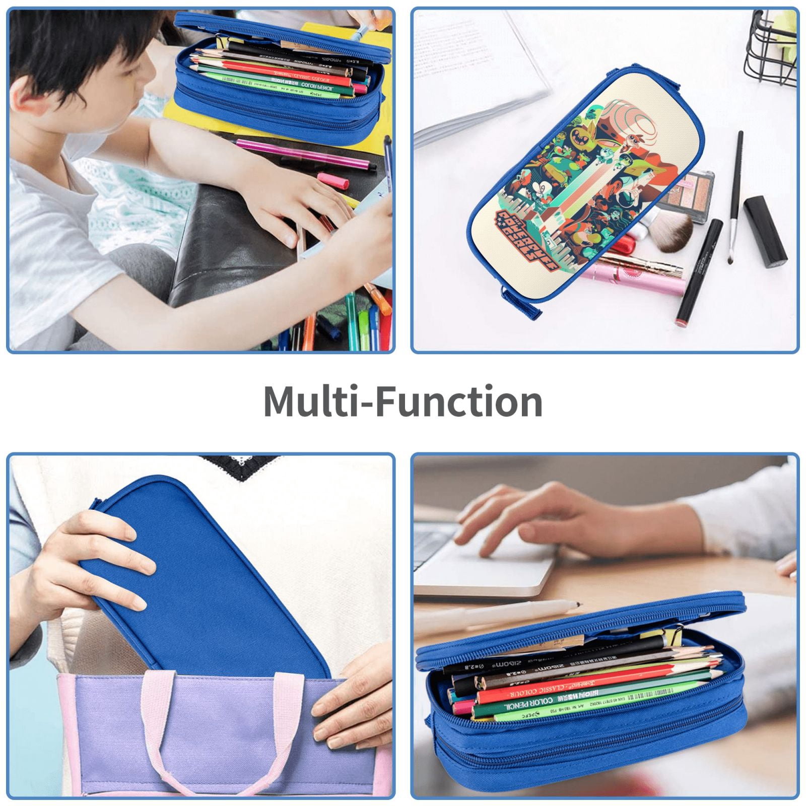 The Powerpuff Gi-rls Pencil Case Large Capacity Pencil Pouch Penbag Office Stationery Organizer Travel Makeup Bag Blue