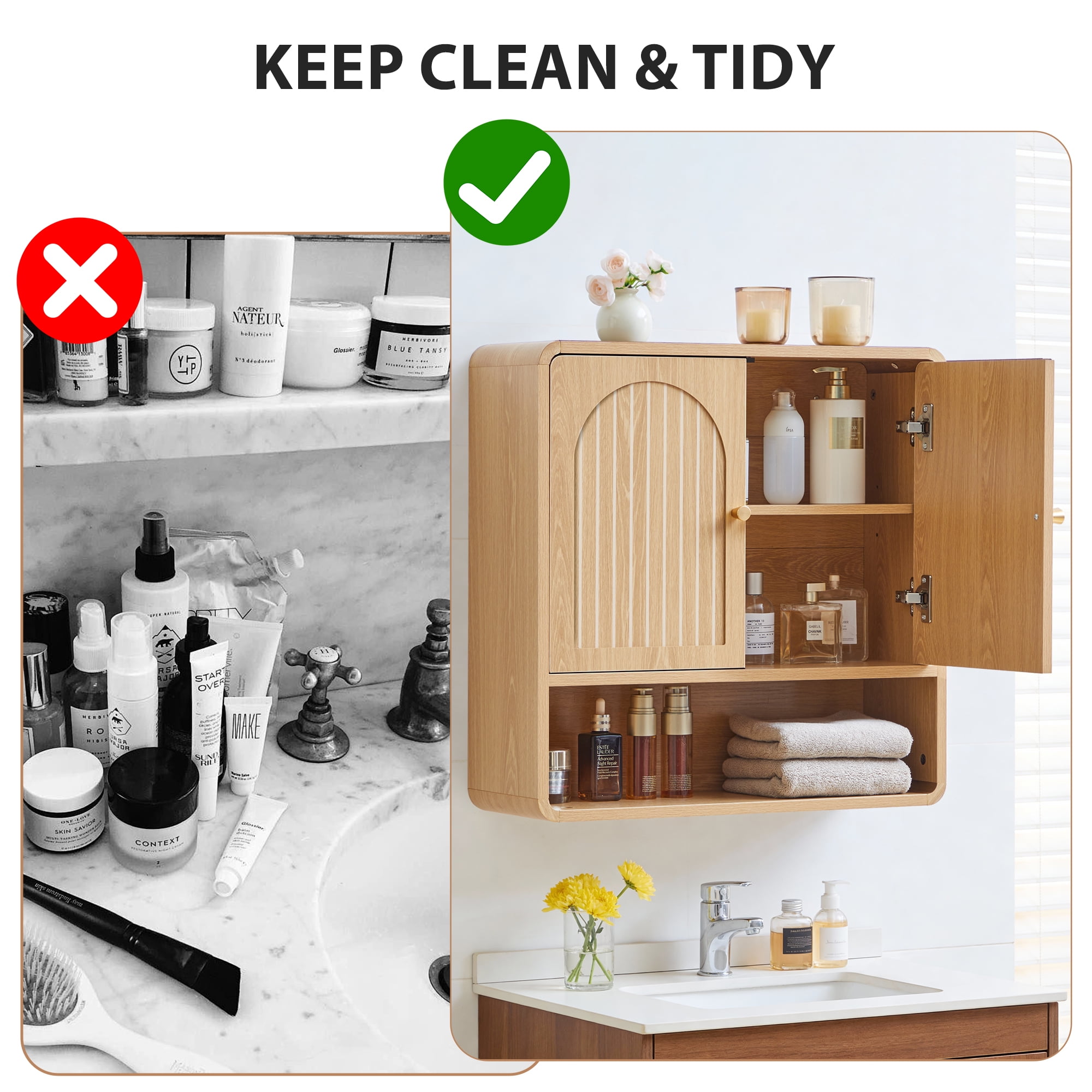 Wirrytor Modern Fluted Medicine Cabinet Storage, Wooden Bathroom Wall Cabinet with Hanging Rod Adjustable Shelf, Natural Oak