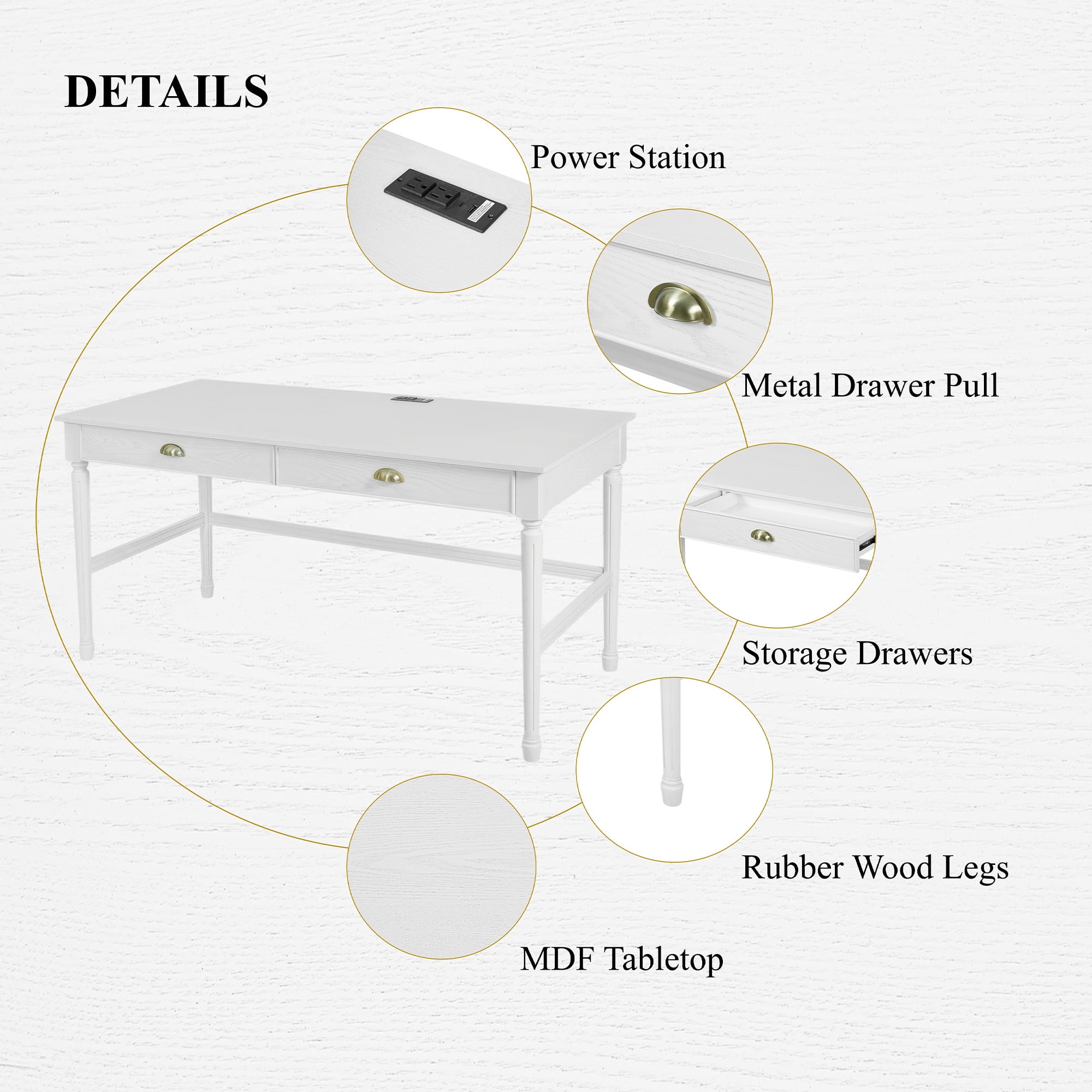Euroco 60" Solid Wood Writing Desk with 2 Drawers,Home Office Workbench Desk,Small Computer Work Study Table,Vanity Table for Living Room,Bedroom,White
