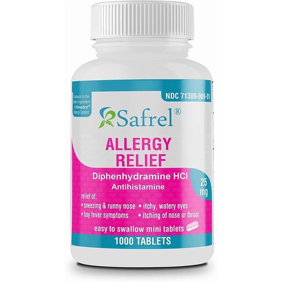Safrel Allergy Relief Medicine | Antihistamine Diphenhydramine HCl 25 mg (1000 Tablets) Value Pack | Children and Adults | Relieves Sneezing, Runny Nose, Hay Fever Symptoms, Itchy Eyes and Throat