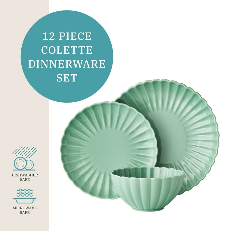 The Pioneer Woman Colette 12-Piece Stoneware Dinnerware Set, Green