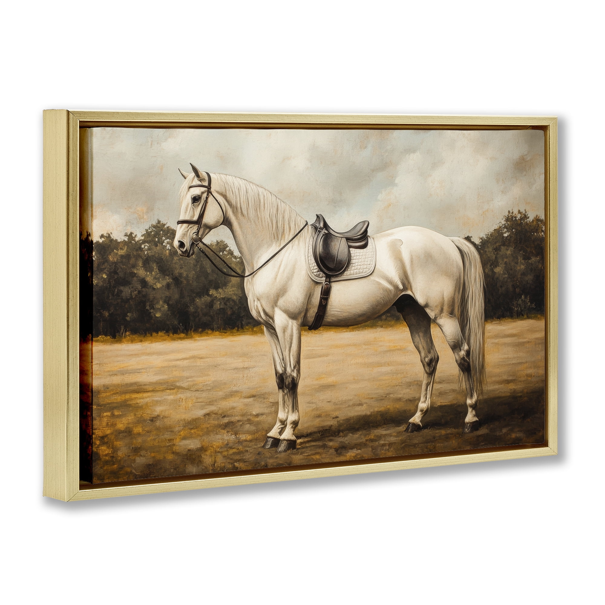 Stupell Industries White Mare with Saddle Gold Framed Floater Canvas Wall Art, design by Petal Prints Design