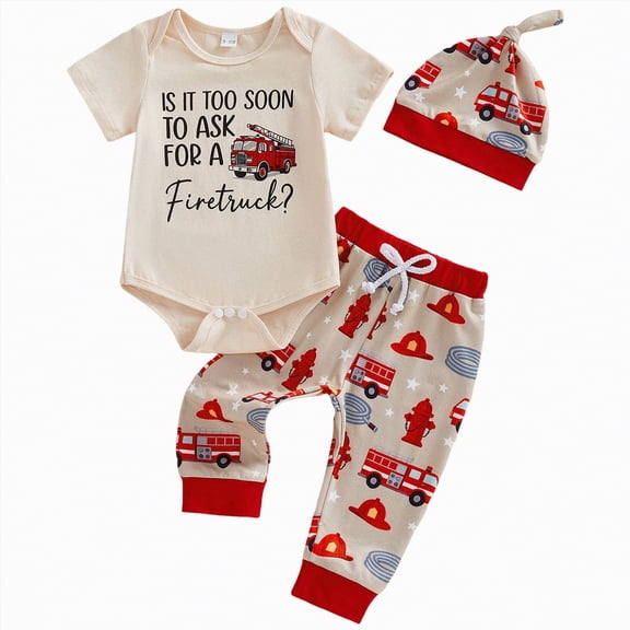 UngA 3Pcs Newborn Baby Boy Clothes Is It Too Soon To Ask For A Fire Truck Short Sleeve Romper Pants Set Infant Firefighter Spring Summer Outfit (Red,6-12 Months)
