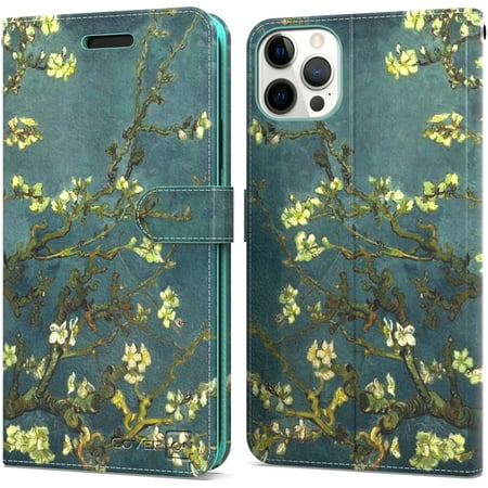 CoverON for Apple iPhone 13 Pro Max Wallet Case, RFID Blocking Vegan Leather 6x Card Slot Holder Cover Flip Folio Phone Pouch, Almond Blossom Art