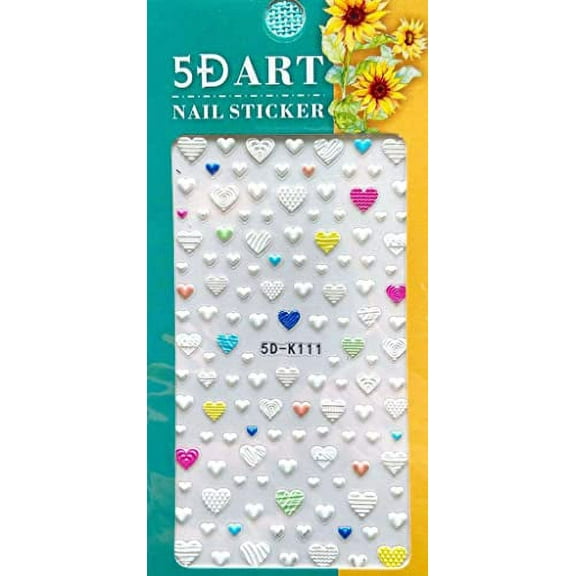 5D Heart Nail Art Stickers Some are Blue Orange Pink Yellow as Well as a lot of Heart That are White
