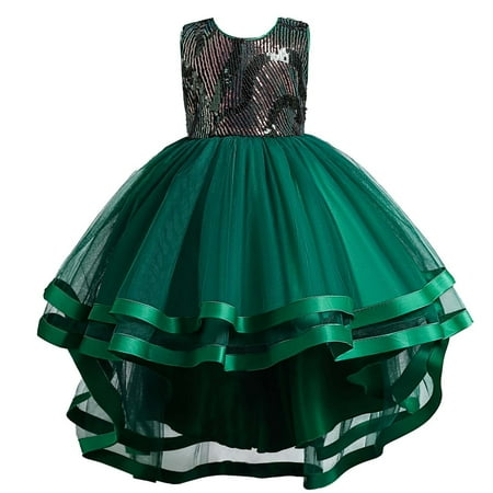 

HBYJLZYG Sleeveless Dress For Girls Kids Toddler Baby Sequin High-Low Tulle Dress Bowknot Lace Flowers Mesh Tufted Dress 3-10 Years