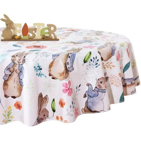 

aoselan Easter Round Table Cloth - 60 Inch Waterproof Rabbit Flower Pattern Tablecloth Vinyl Wipe Clean Table Cover for Dining Table Easter Dinner Kitchen Holiday Party Table Decor
