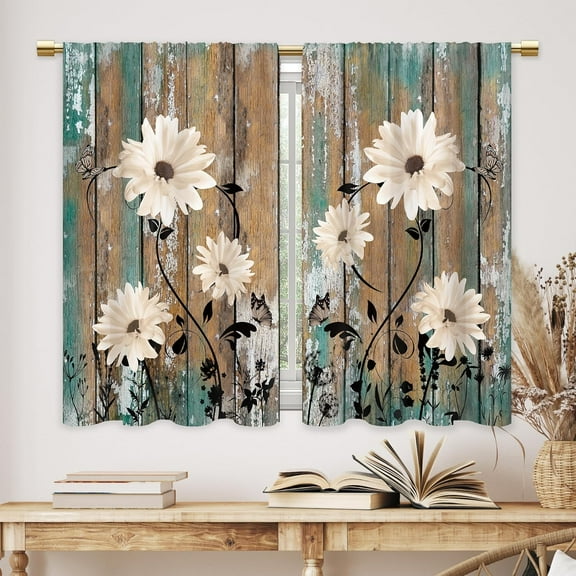Teal Daisy Flower Kitchen Curtains Farmhouse Floral Bathroom Curtains Window Treatment Drape Tier Rustic Plant Wooden Country Cafe Small Bedroom Short French Door Curtains 2 Panel 27.5x39 Inch