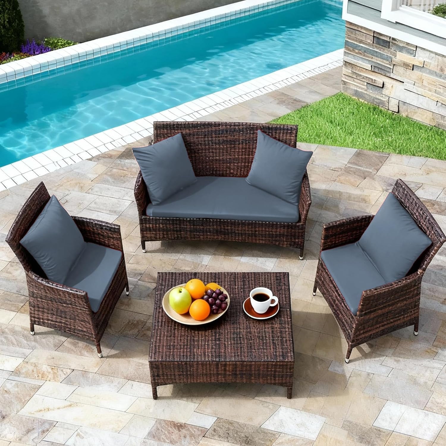 Waterproof 3-Piece Patio Sofa Cushion Cover Set - Replacement Covers for Outdoor Wicker Furniture, Bench & Seat Cushions with 4pcs Throw Pillow Cover