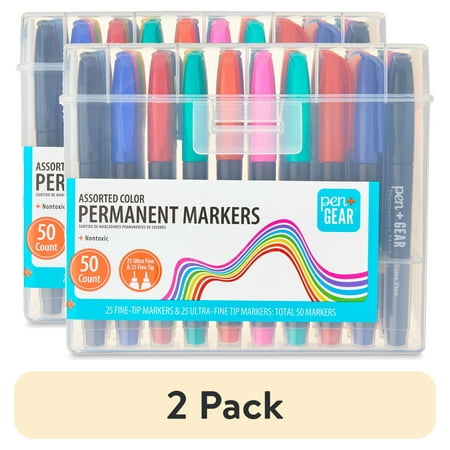 (2 pack) Pen+Gear Permanent Markers, Fine + Ultra Fine Tip, Assorted Colors, 50 Count