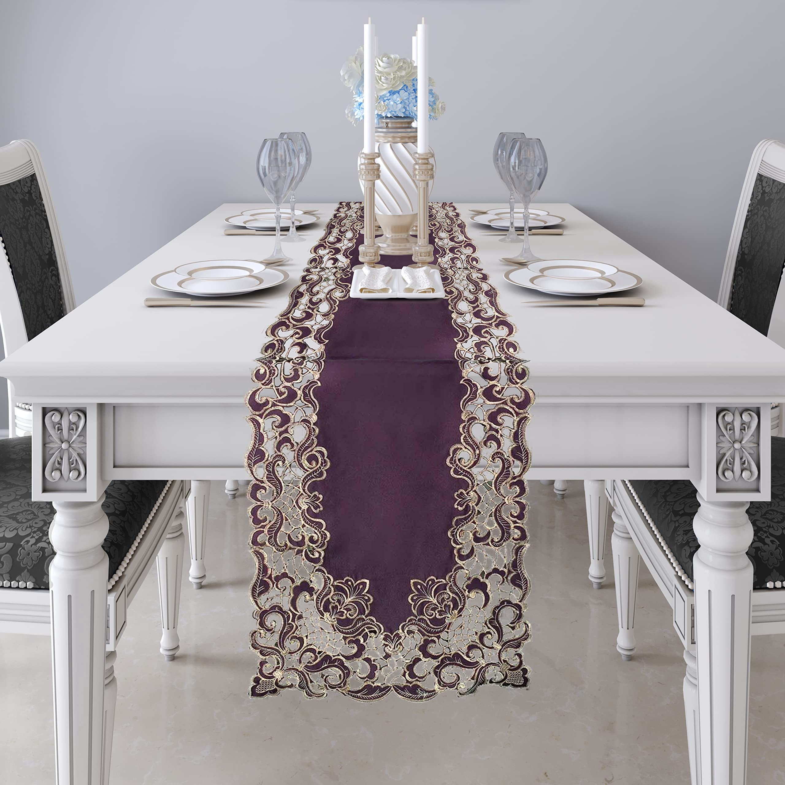 Gold Lace Plum Table Runner - Dresser Scarf European Embroidery - Perfect for Kitchen Dining Room Home Decor Wedding Receptions - 14 x 108 inches - The Granada Collection