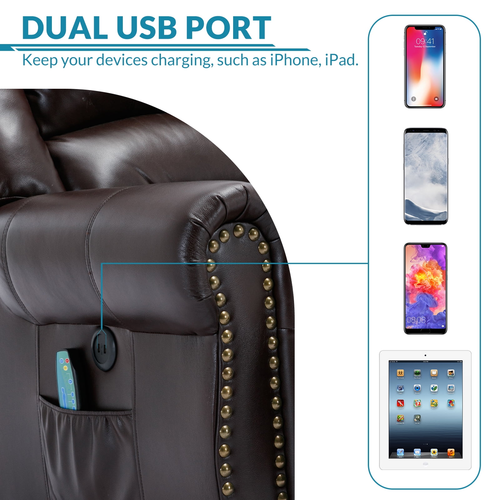 OUINCH Manual 360° Swivel Rocker Recliner Chair with USB Ports, Faux Leather, Dark Brown